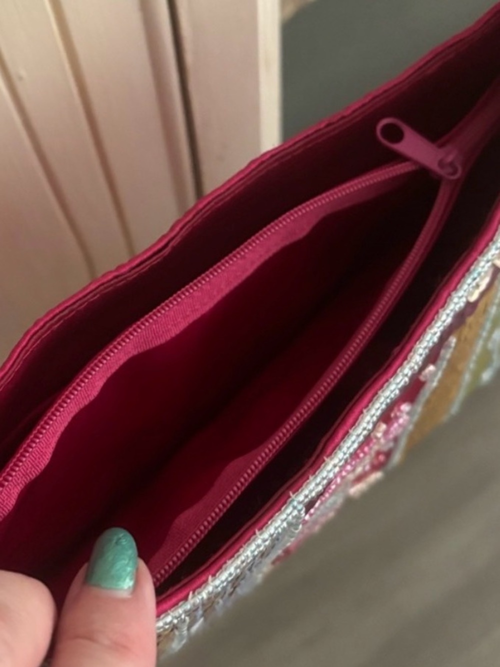 Sequined Patchwork Shoulder Bag  In Raspberry PLUS Gold Coin Purse Final Sale - Picture 8 of 13